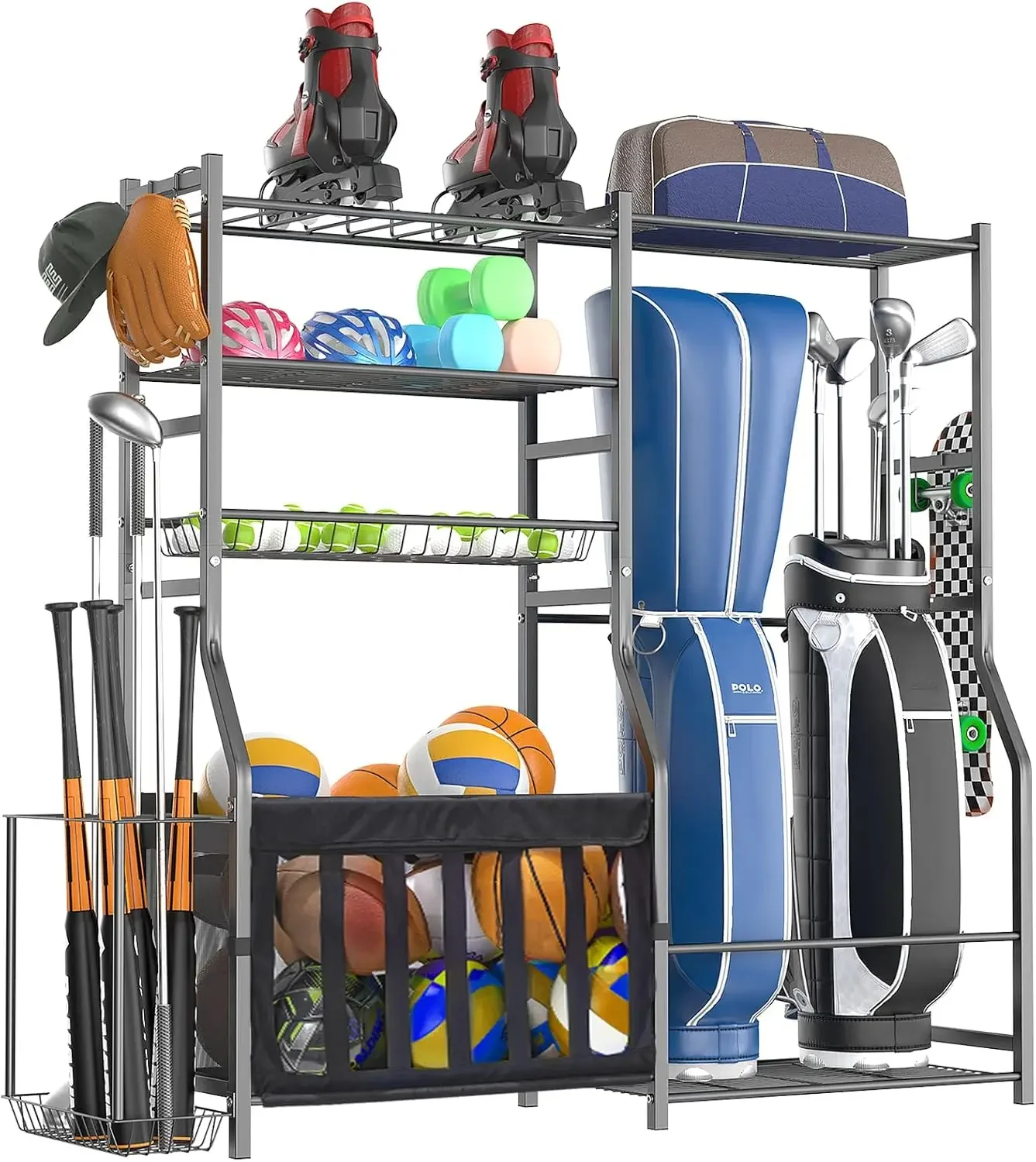Sports Equipment Garage Organizer - ชั้นวางอุปกรณ์กีฬาสำหรับโรงรถแบบแข็งแรงทนทาน ที่เก็บถุงกอล์ฟอเนกประสงค์ ที่วางลูกกีฬาหลายประเภทสำหรับบาสเก็ตบอลและไม้เบสบอล